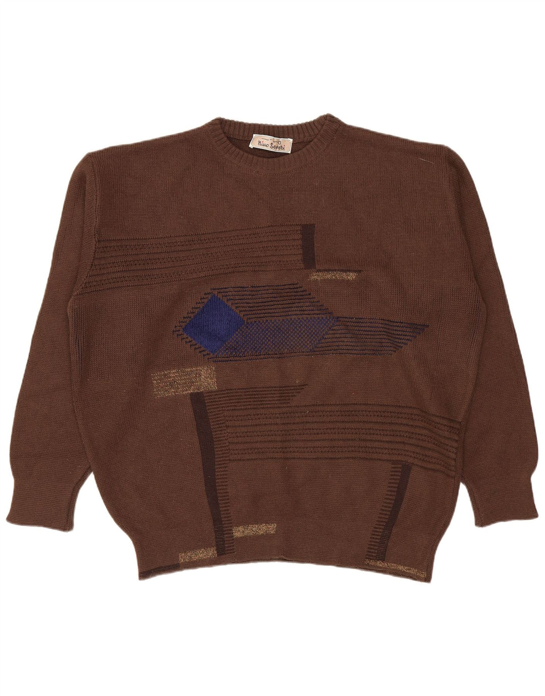Vintage męski sweter z okrągłym dekoltem, duży brązowy geometryczny