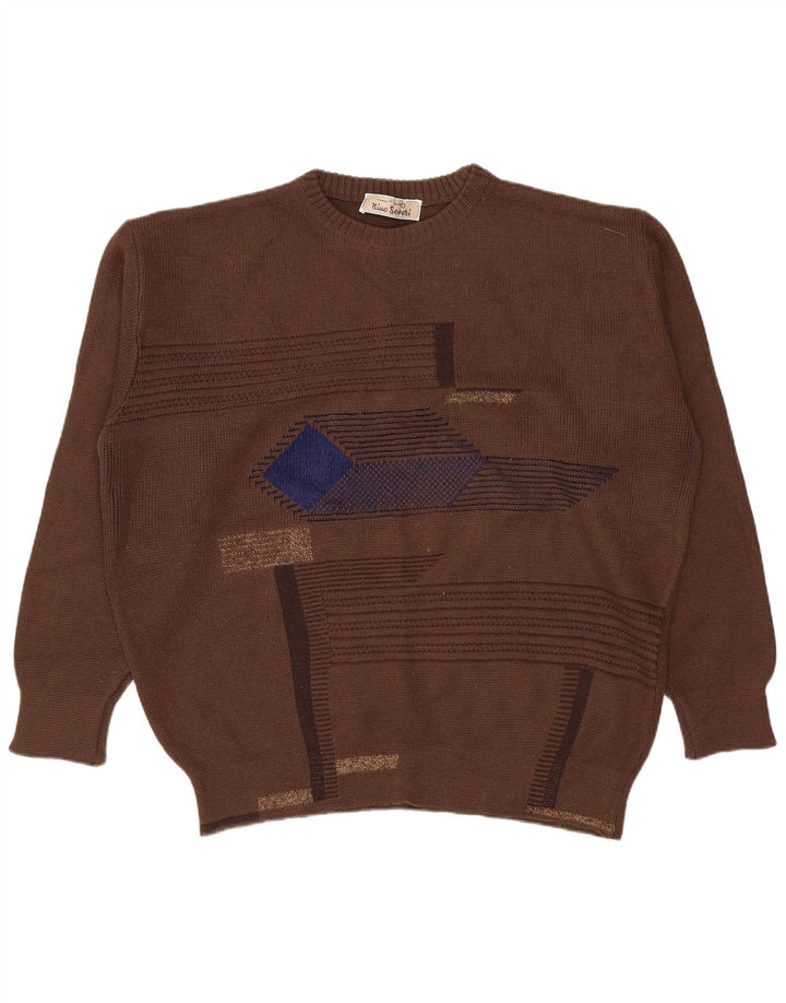 Vintage męski sweter z okrągłym dekoltem, duży brązowy geometryczny
