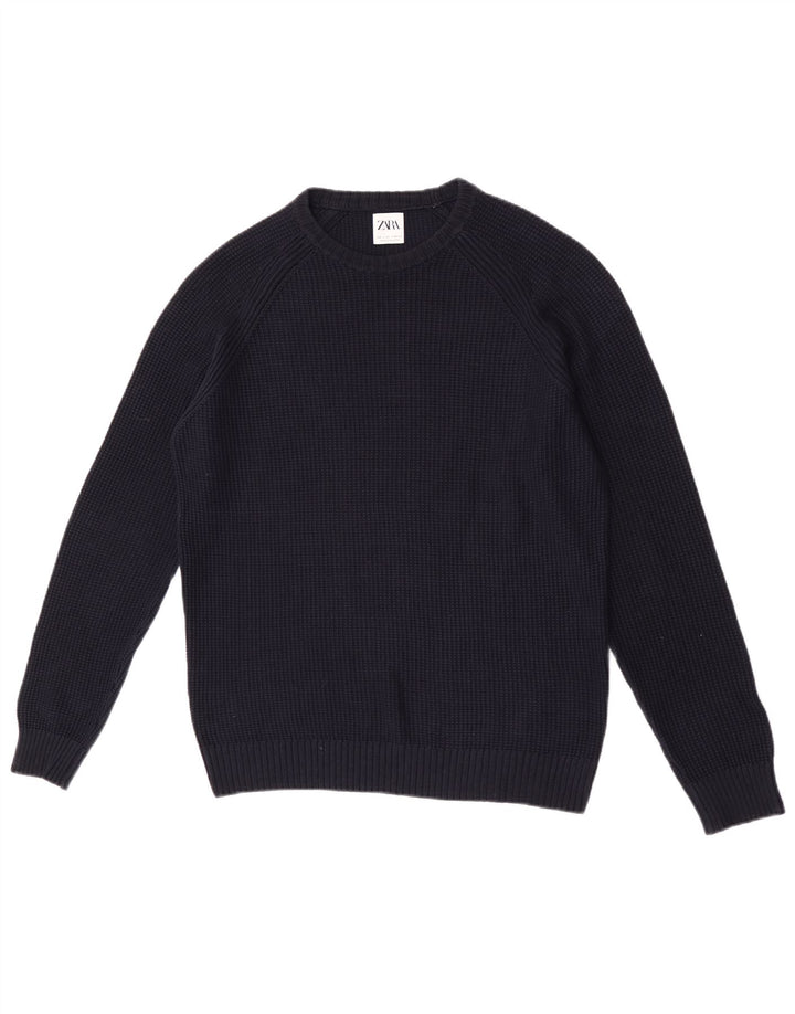Męski sweter z okrągłym dekoltem Zara, duży, granatowy, bawełniany