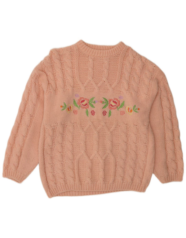 Vintage Womens Crew Neck Jumper Sweater UK 20 2XL Pink Floral Wool