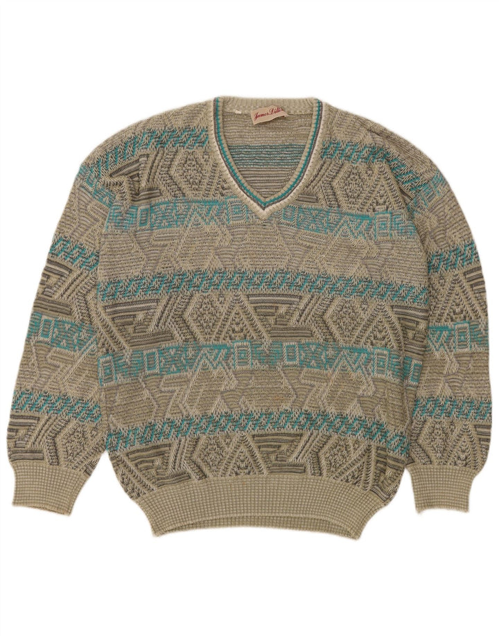 Męski sweter James Dillon z dekoltem w kształcie litery V, duży, geometryczny akryl w kolorze khaki