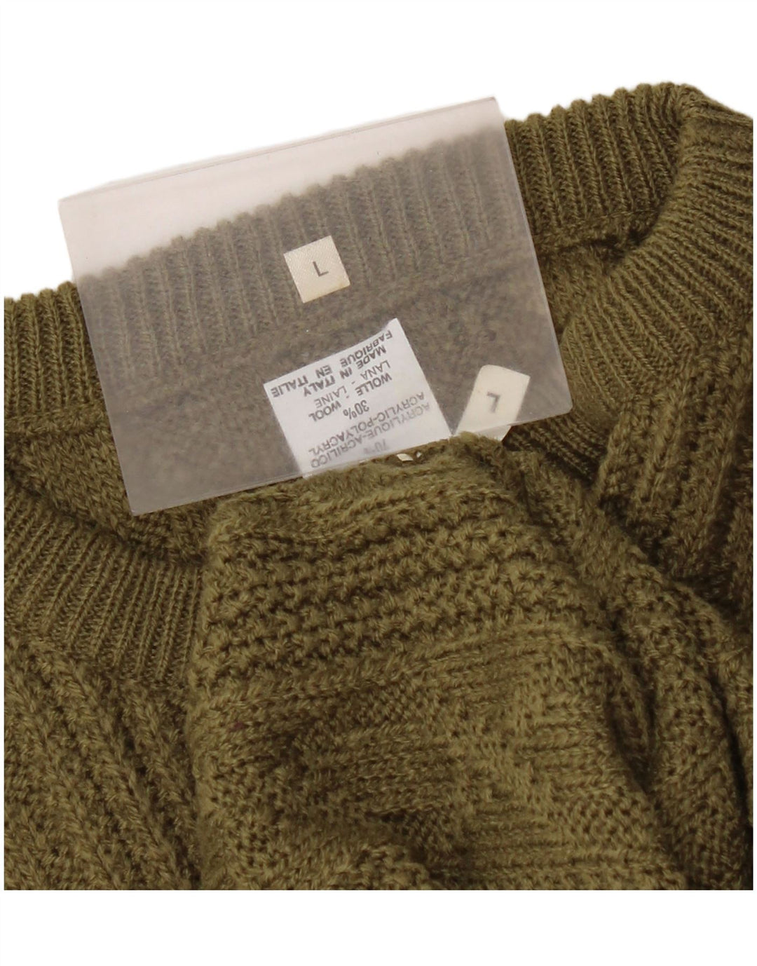 Vintage męski sweter z okrągłym dekoltem, duży, akrylowy khaki