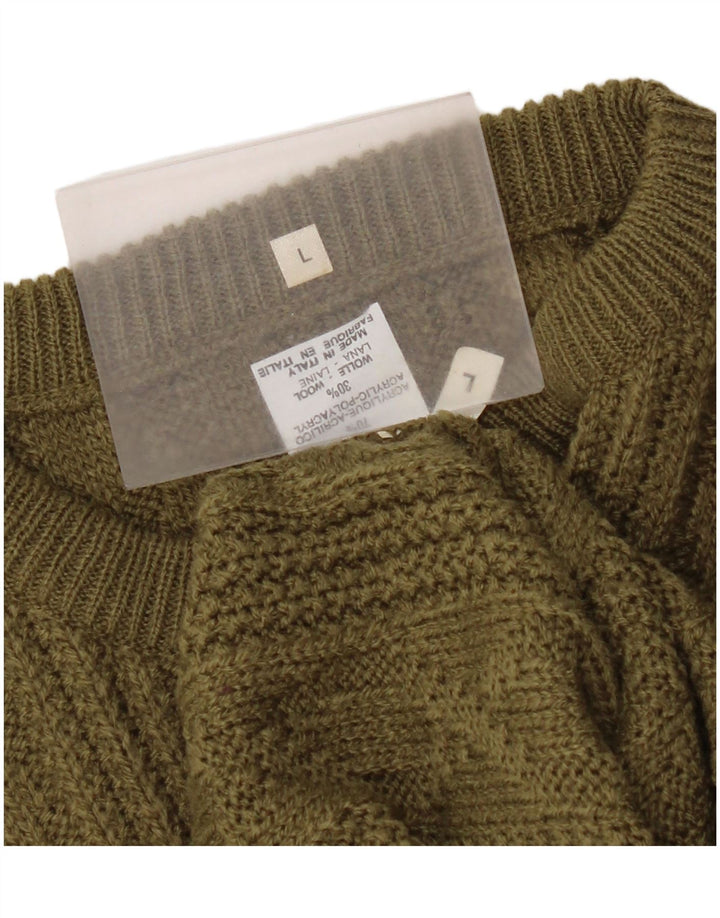 Vintage męski sweter z okrągłym dekoltem, duży, akrylowy khaki