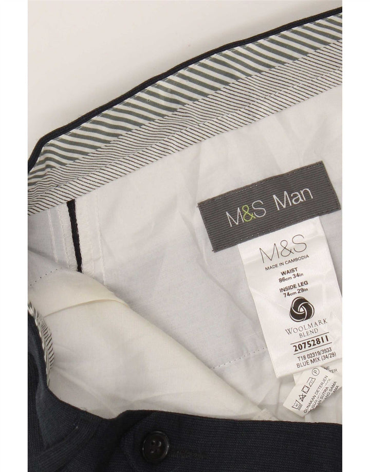 Marks & Spencer Męskie proste spodnie garniturowe W34 L29 Granatowo-wełniane