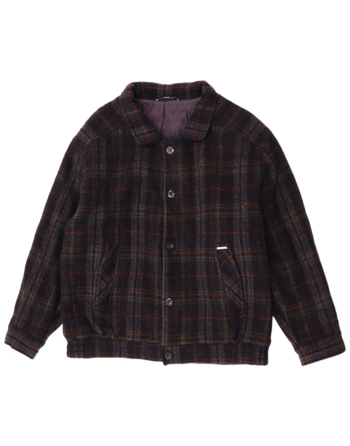 Męska kurtka bomberka w stylu vintage UK 36, mała granatowa w kratkę, nowa wełna