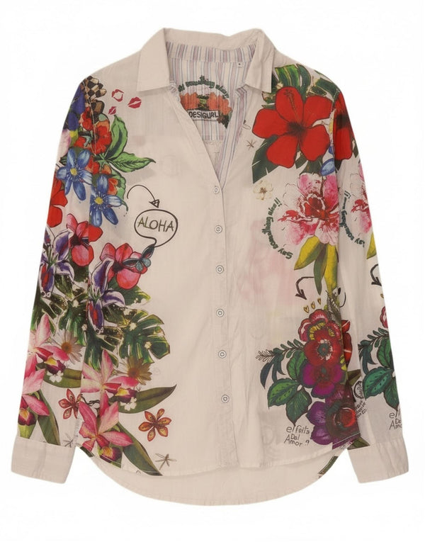 Damska bluzka koszulowa Desigual z grafiką UK 10, mała, biała, z bawełny w kwiaty