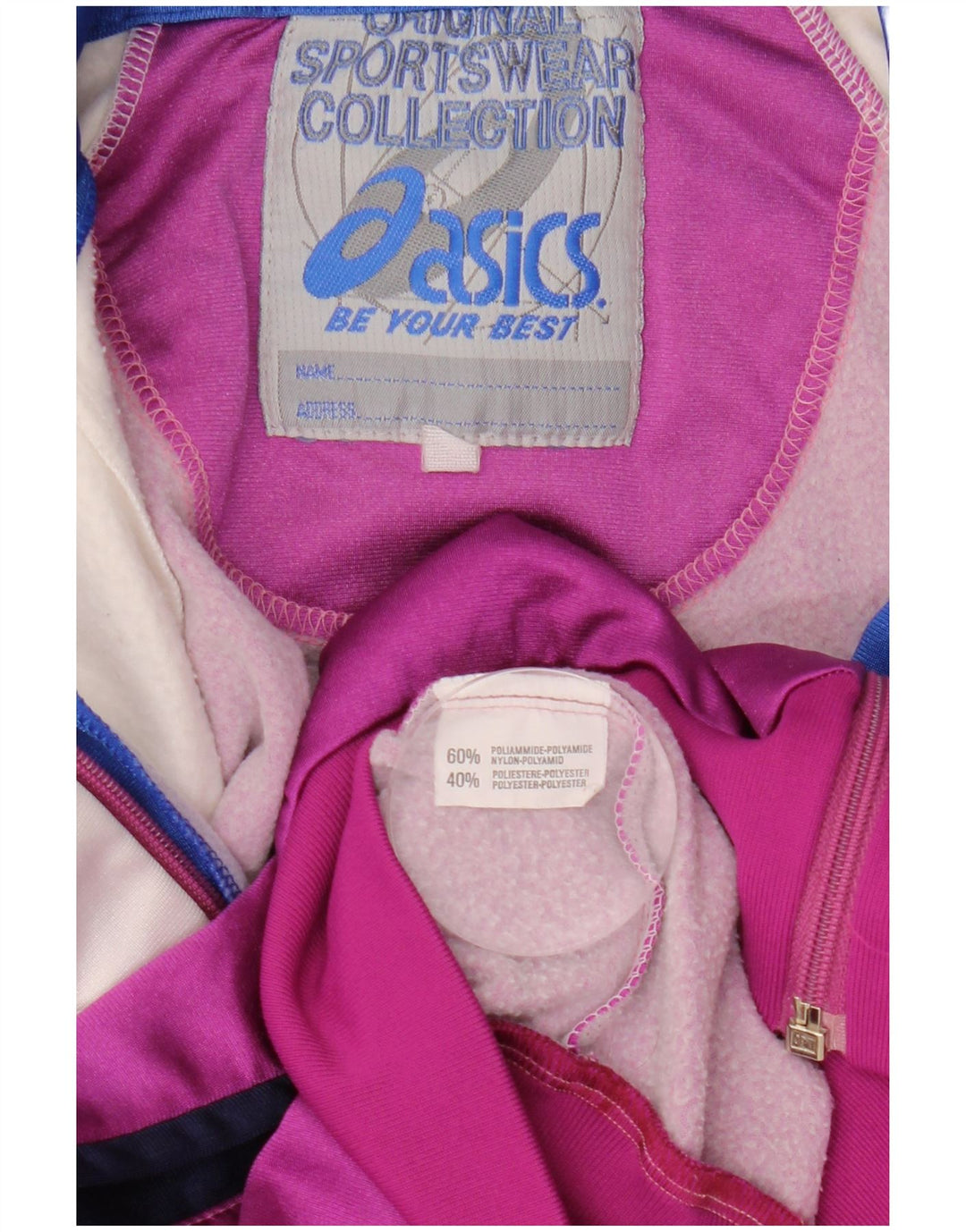 Męski pełny dres Asics z grafiką, mały, różowy, z blokami kolorów, poliamid, retro