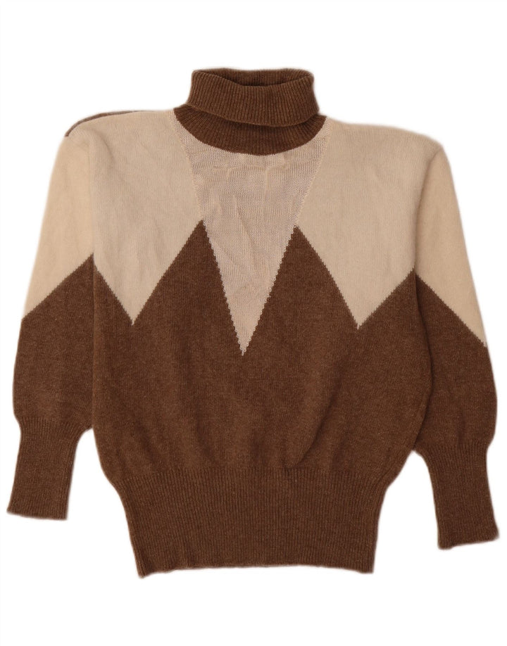 Vintage damski sweter z golfem UK 14, wełna w kolorze średniego brązu