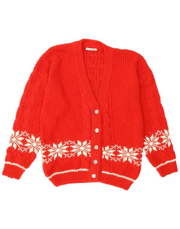 Vintage damski sweter w kształcie płatków śniegu UK 14, duży czerwony Fair Isle Retro