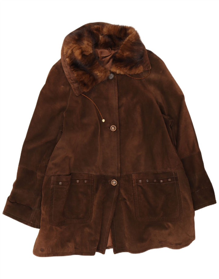 Vintage damski oversize'owy zamszowy płaszcz IT 46, duża brązowa skóra
