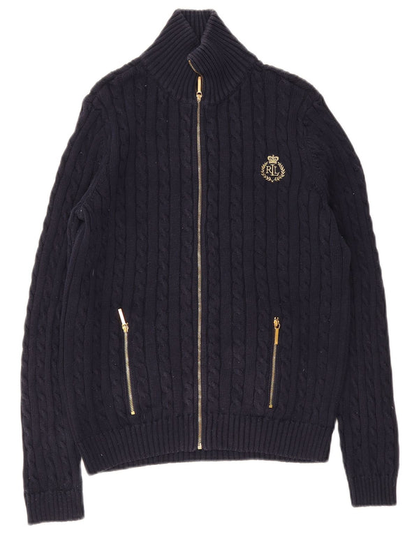 Damski sweter rozpinany Ralph Lauren z pełnym zamkiem UK 10, mały, granatowy, bawełniany