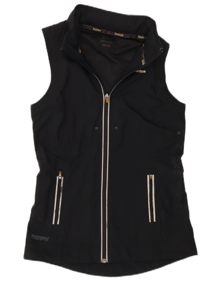 REEBOK Womens Hooded Tracksuit Top Jacket UK 10 Small Black Geometric