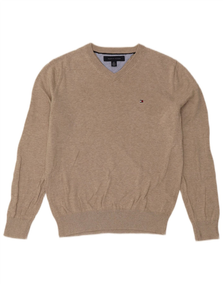 Męski sweter Tommy Hilfiger z dekoltem w kształcie litery V, mały, beżowy, nakrapiany
