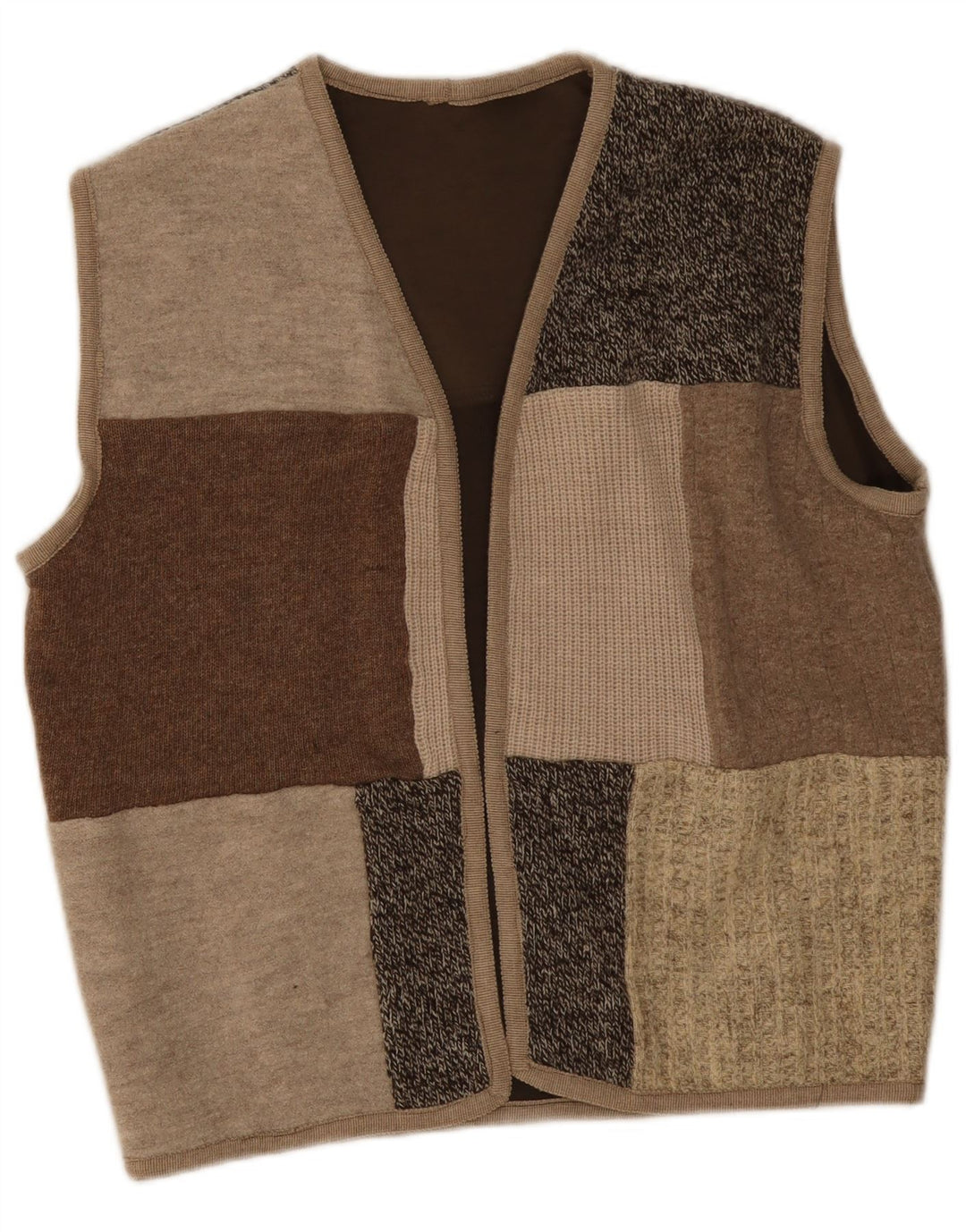 Vintage damski sweter bez rękawów z otwartym kardiganem UK 16, duży beżowy patchwork