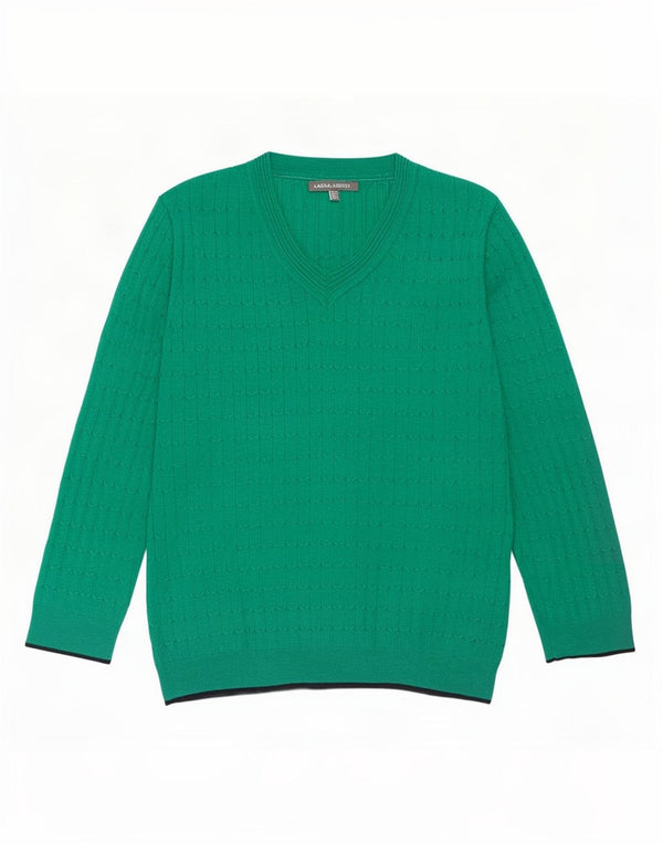 Damski sweter z dekoltem w kształcie litery V, Laura Ashley, UK 12, średnia zielona bawełna