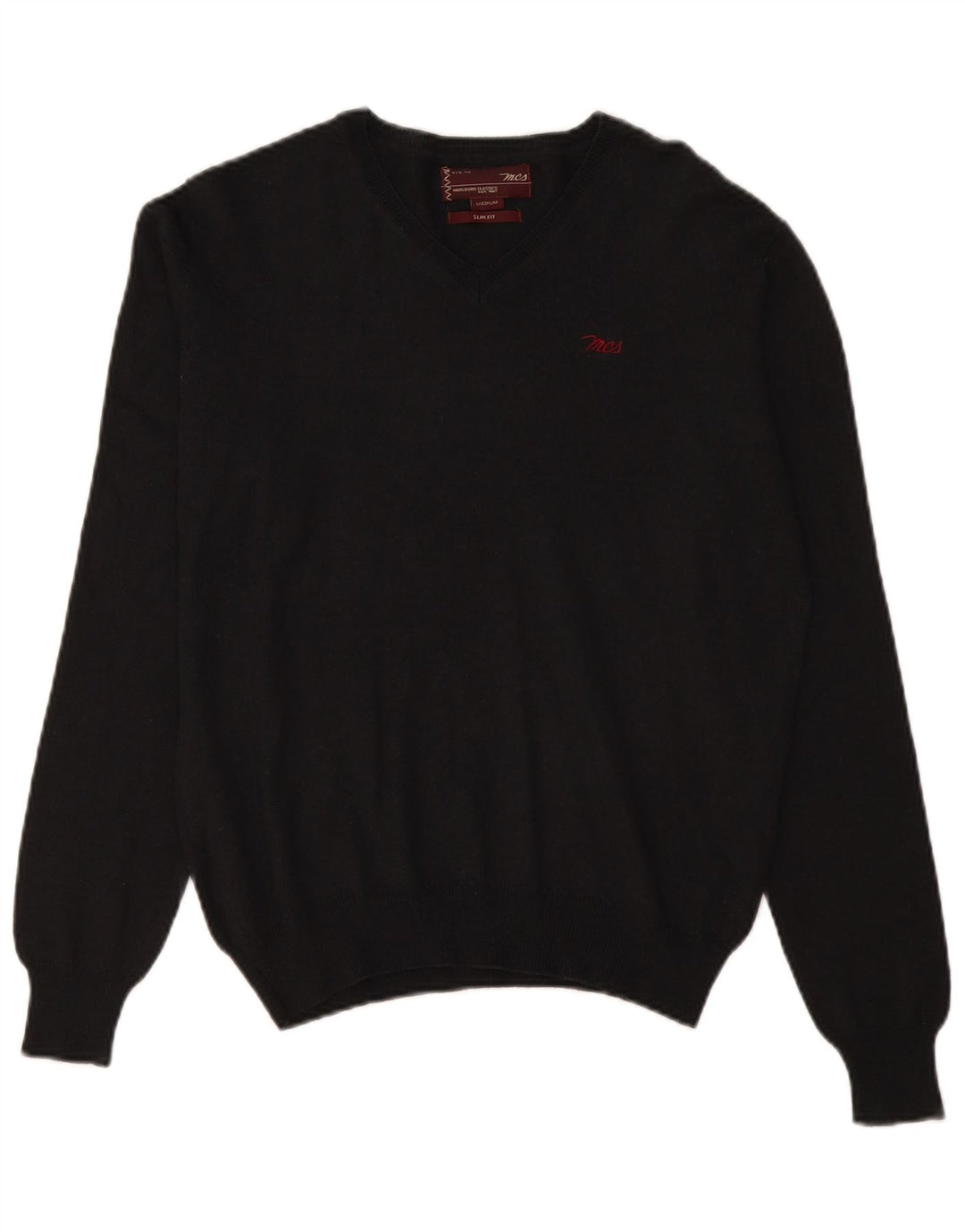 Marlboro Classics Męski sweter o kroju slim fit z dekoltem w szpic, średniej czarnej wełny
