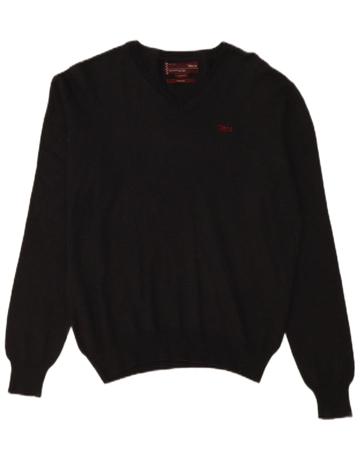 Marlboro Classics Męski sweter o kroju slim fit z dekoltem w szpic, średniej czarnej wełny