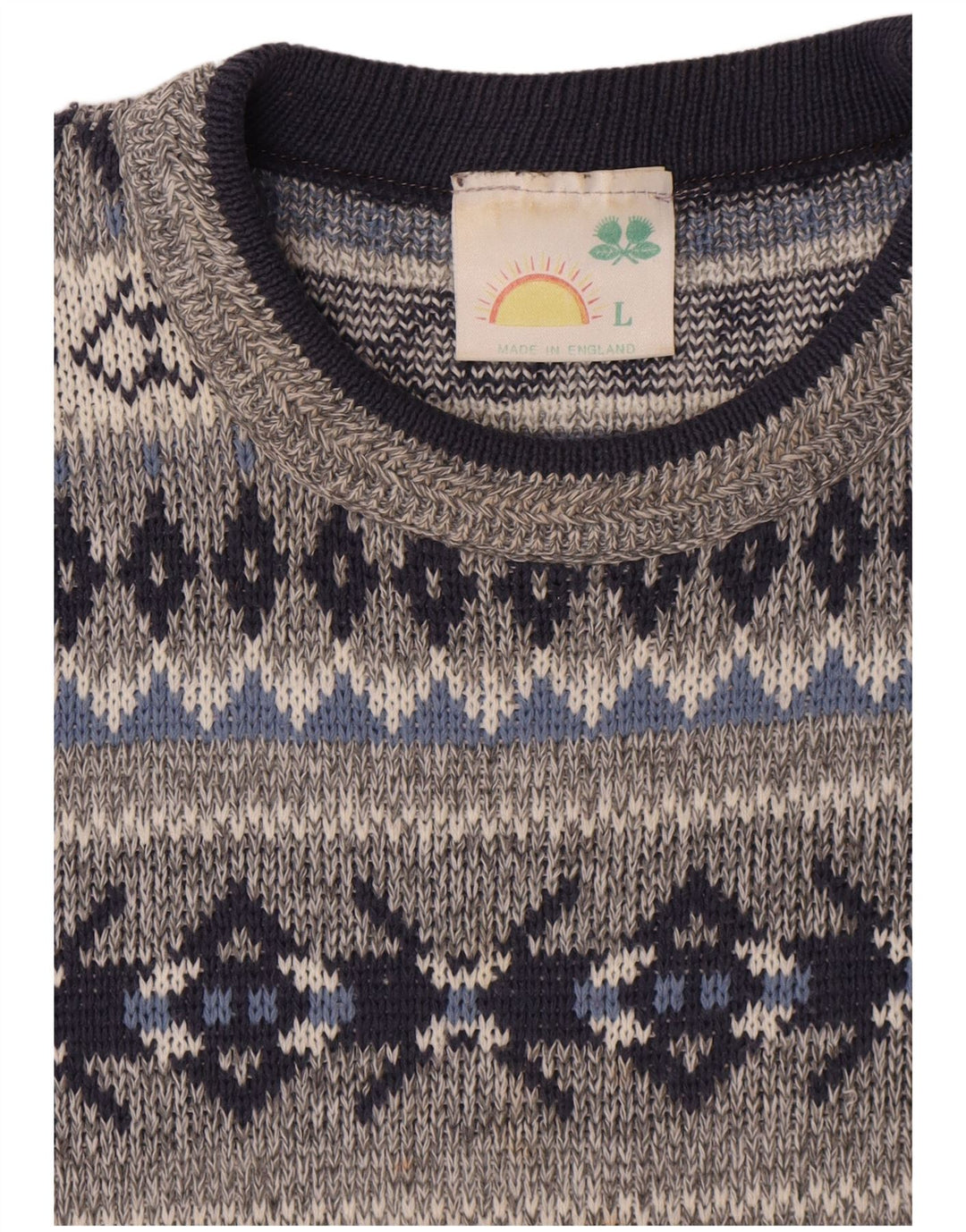 Vintage męski sweter z okrągłym dekoltem, duży szary Fair Isle
