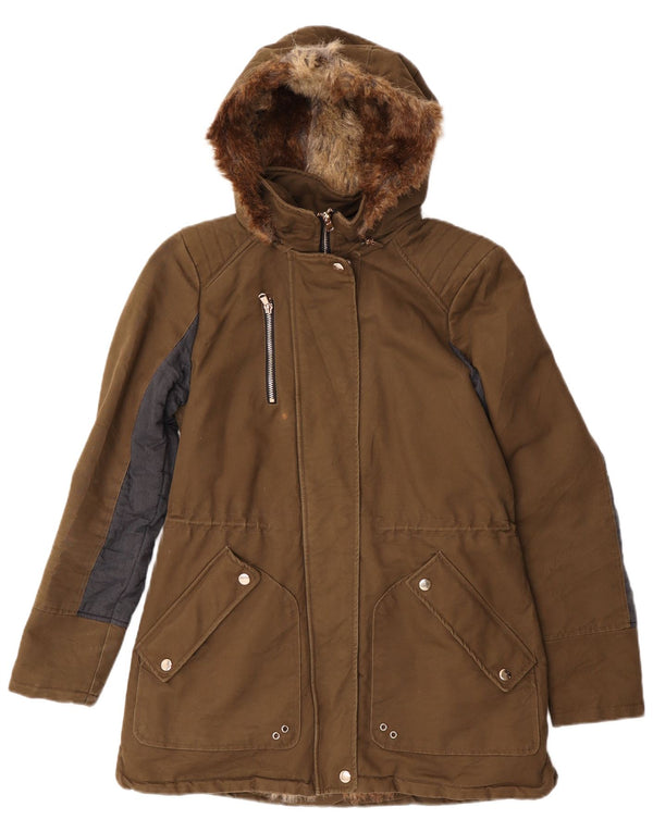 Zara Damska kurtka parka Trafaluc ze sztucznego futra UK 10 w małych blokach kolorów khaki