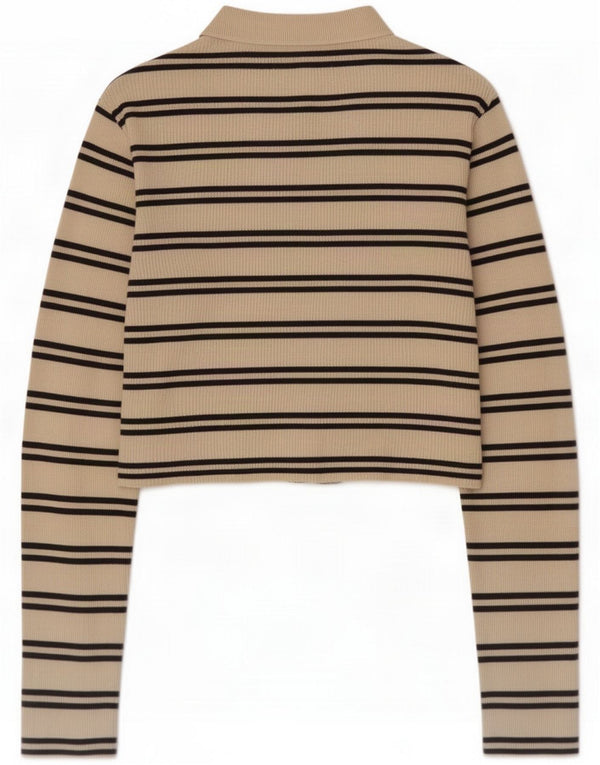 Krótka bluzka damska w stylu vintage, UK 8, mała, beżowa, bawełniana w paski