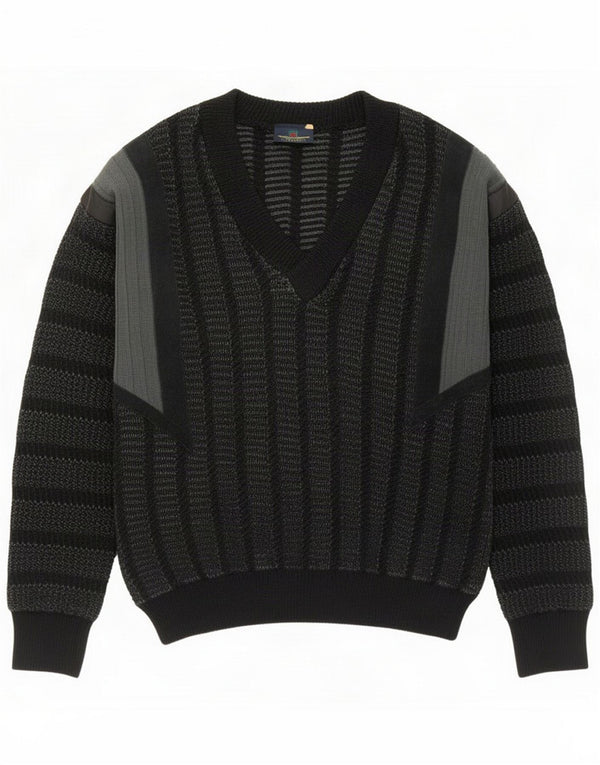 Męski sweter w stylu vintage z dekoltem w kształcie litery V, średni, czarny, w paski, akryl