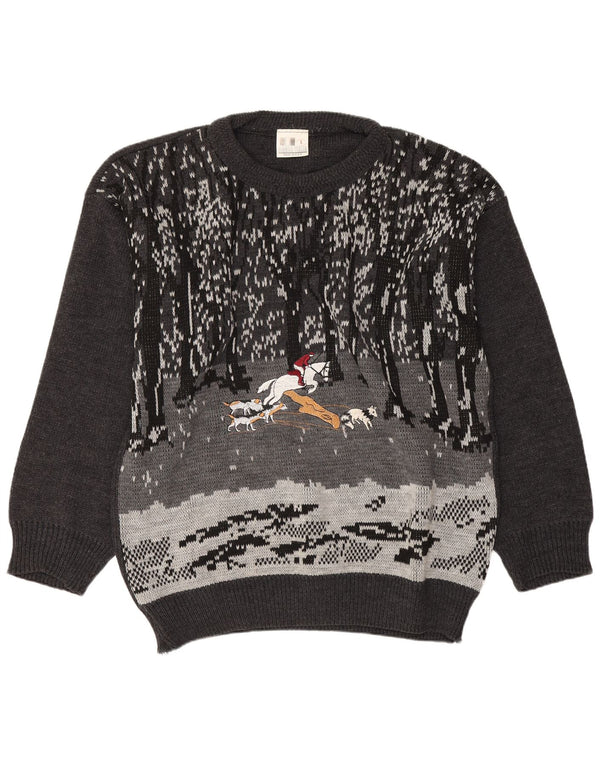 Męski sweter w stylu vintage z graficznym dekoltem w łódkę, duży, szary