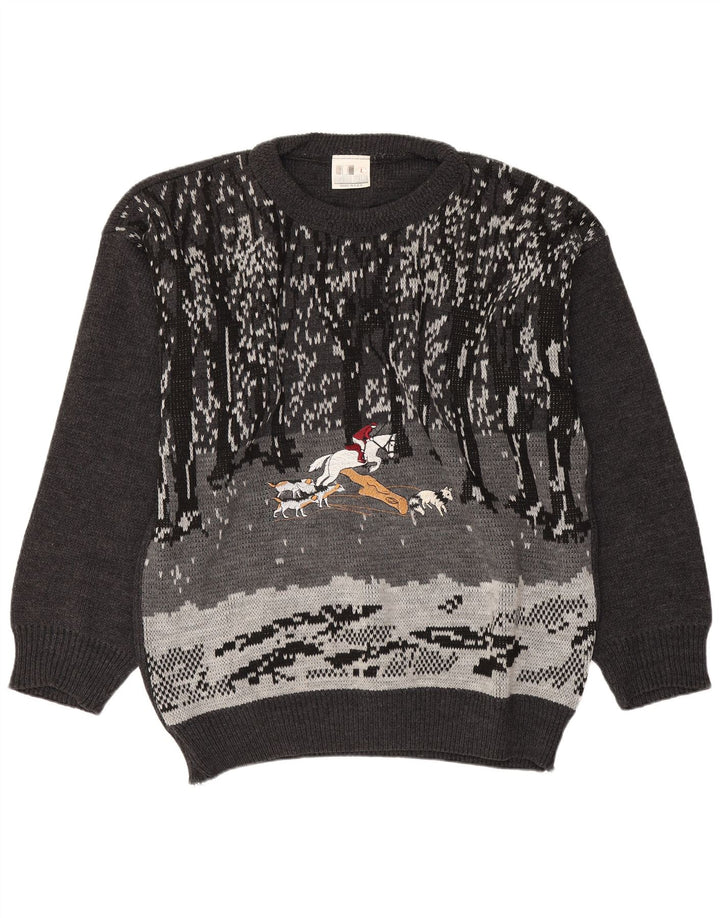 Męski sweter w stylu vintage z graficznym dekoltem w łódkę, duży, szary