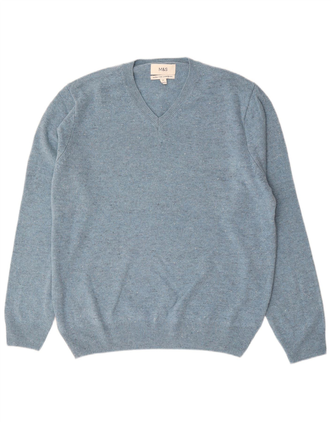 Marks & Spencer Męski sweter z dekoltem w kształcie litery V, XL, niebieska, nakrapiana wełna jagnięca