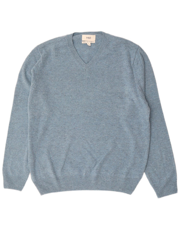 Marks & Spencer Mens V-Neck Jumper Sweater XL Blue Flecked Lambswool