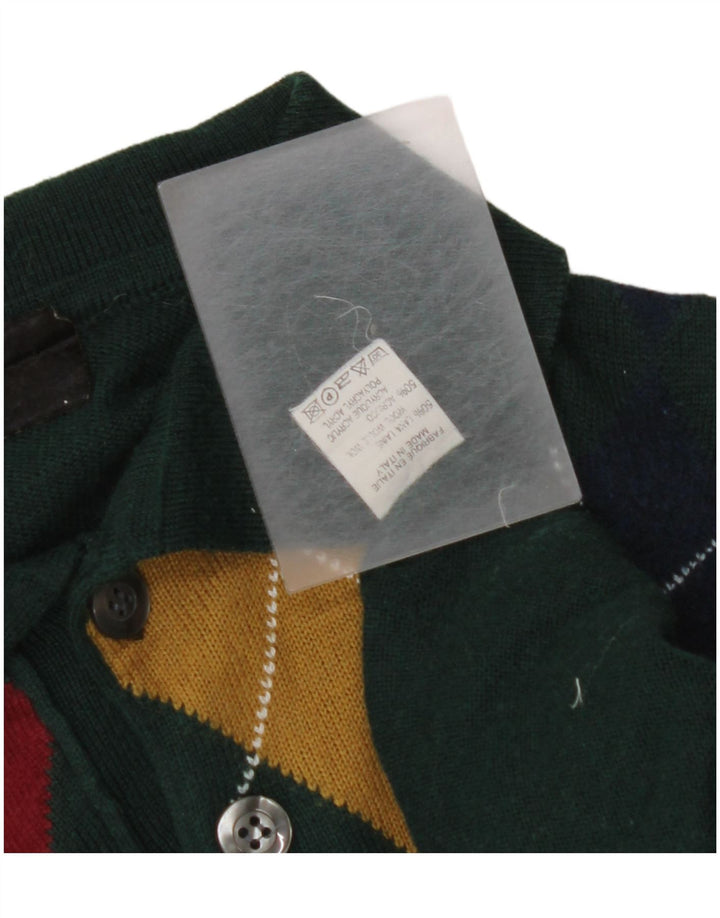 Męski sweter z dekoltem w stylu VINTAGE, mały, zielony, argyle/diamentowa wełna