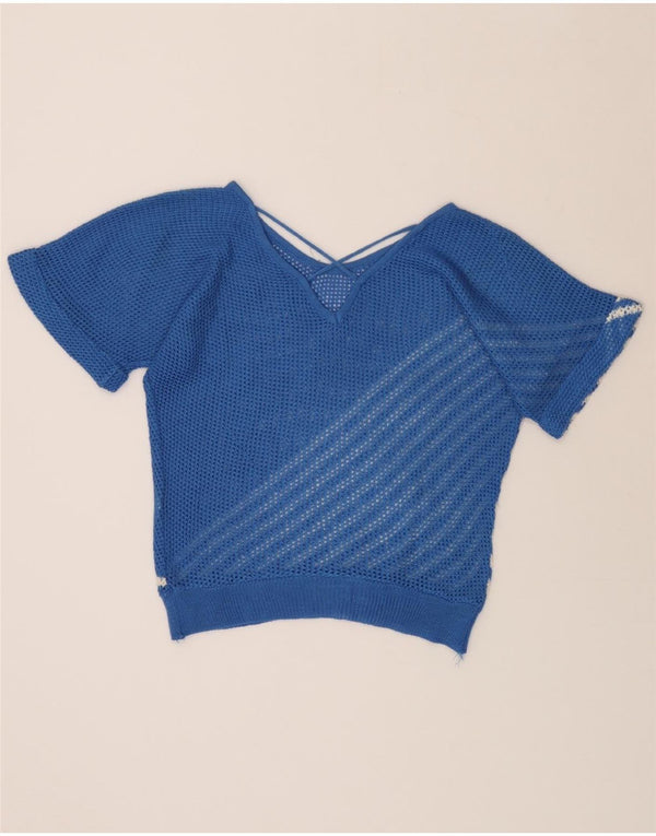 Damski sweter VINTAGE z przezroczystym dekoltem w łódkę UK 14, duży niebieski