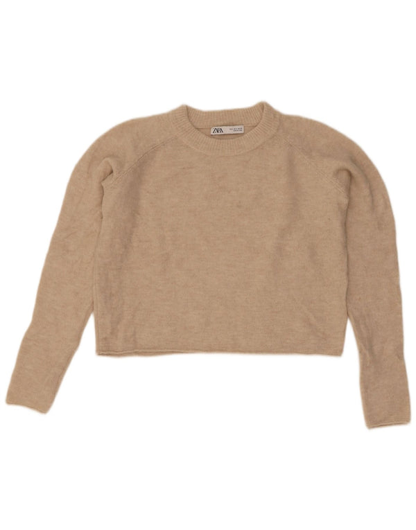 Zara Womens Oversized Crop Crew Neck Jumper Sweater UK 10 Small Beige