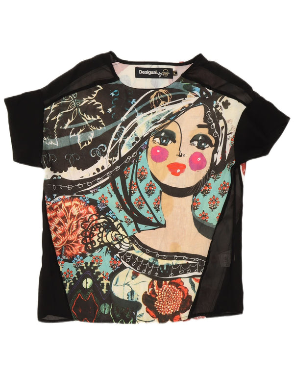 Desigual Womens See Through Graphic T-Shirt Top UK 14 Medium Multicoloured