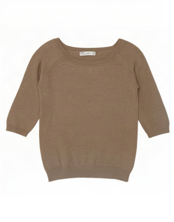 Damski sweter Zara z krótkim rękawem i dekoltem w łódkę UK 16, duży, beżowy, bawełniany