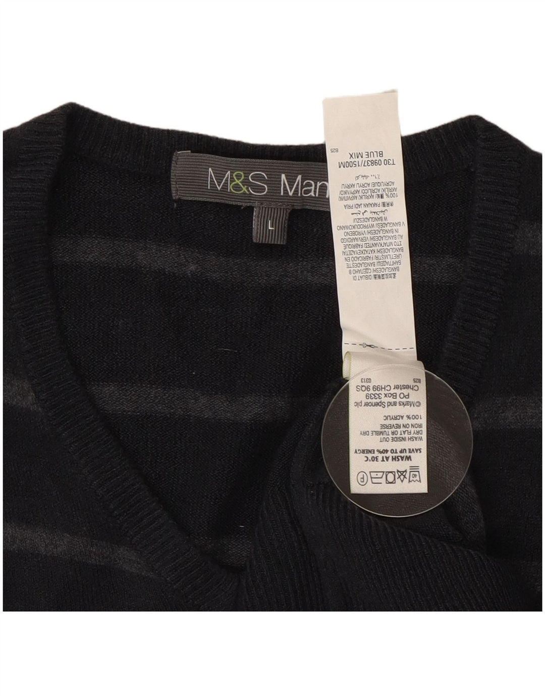 Marks & Spencer Męski sweter z dekoltem w kształcie litery V, duży, akrylowy, w granatowe paski