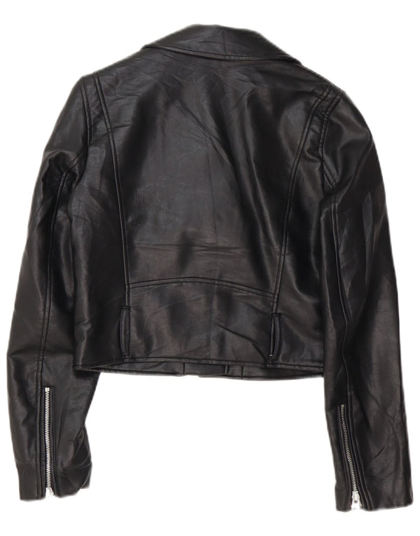 Zara Womens Crop Faux Leather Biker Jacket UK 6 XS Black Polyethylene