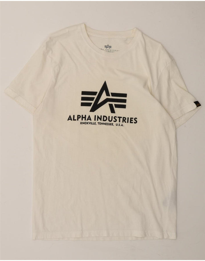 ALPHA INDUSTRIES Mens Graphic T-Shirt Top Medium Off White Cotton Vintage Alpha Industries and Second-Hand Alpha Industries from Messina Hembry 