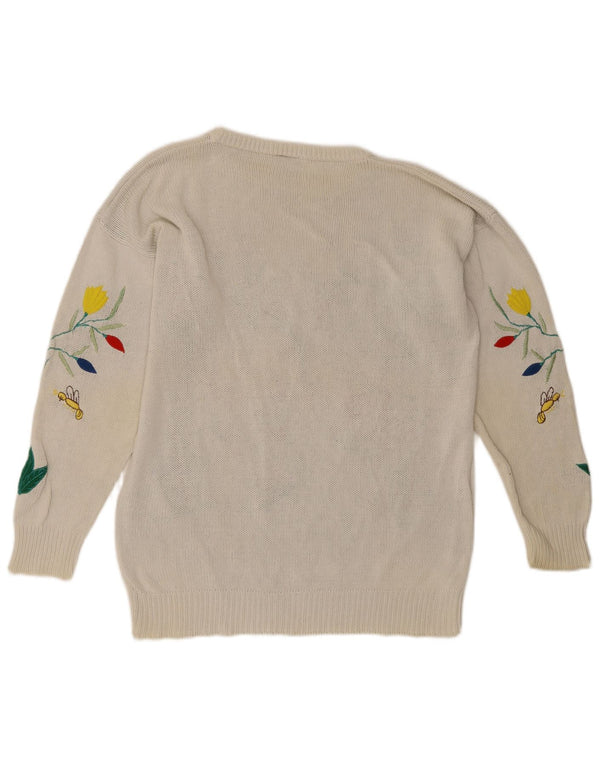 Vintage damski sweter z graficznym dekoltem w łódkę UK 14, duży, biały, kwiatowy