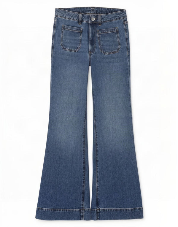 Marks & Spencer Damskie jeansy rozkloszowane z wysokim stanem UK 10 Małe W30 L30 Niebieskie