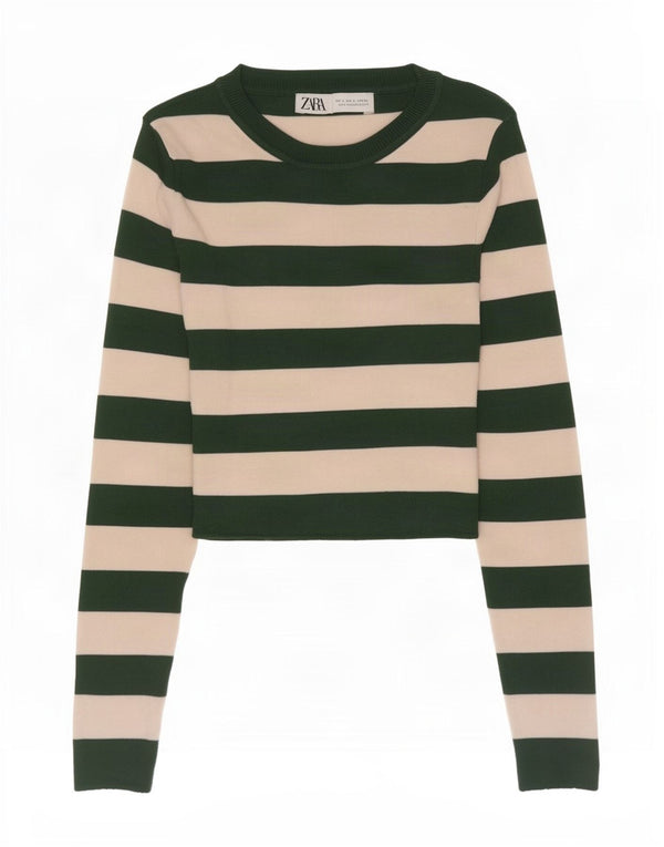 Zara Womens Crop Top Long Sleeve UK 8 Small Green Striped Viscose