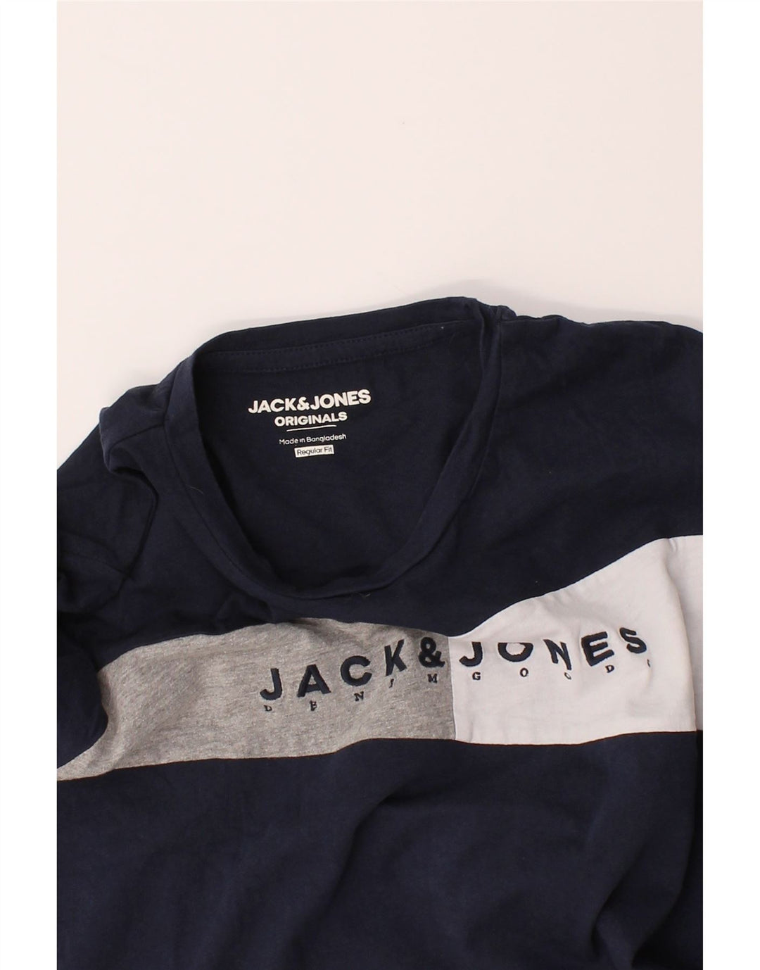 JACK & JONES Mens Graphic T-Shirt Top Small Navy Blue Colourblock Vintage Jack & Jones and Second-Hand Jack & Jones from Messina Hembry 