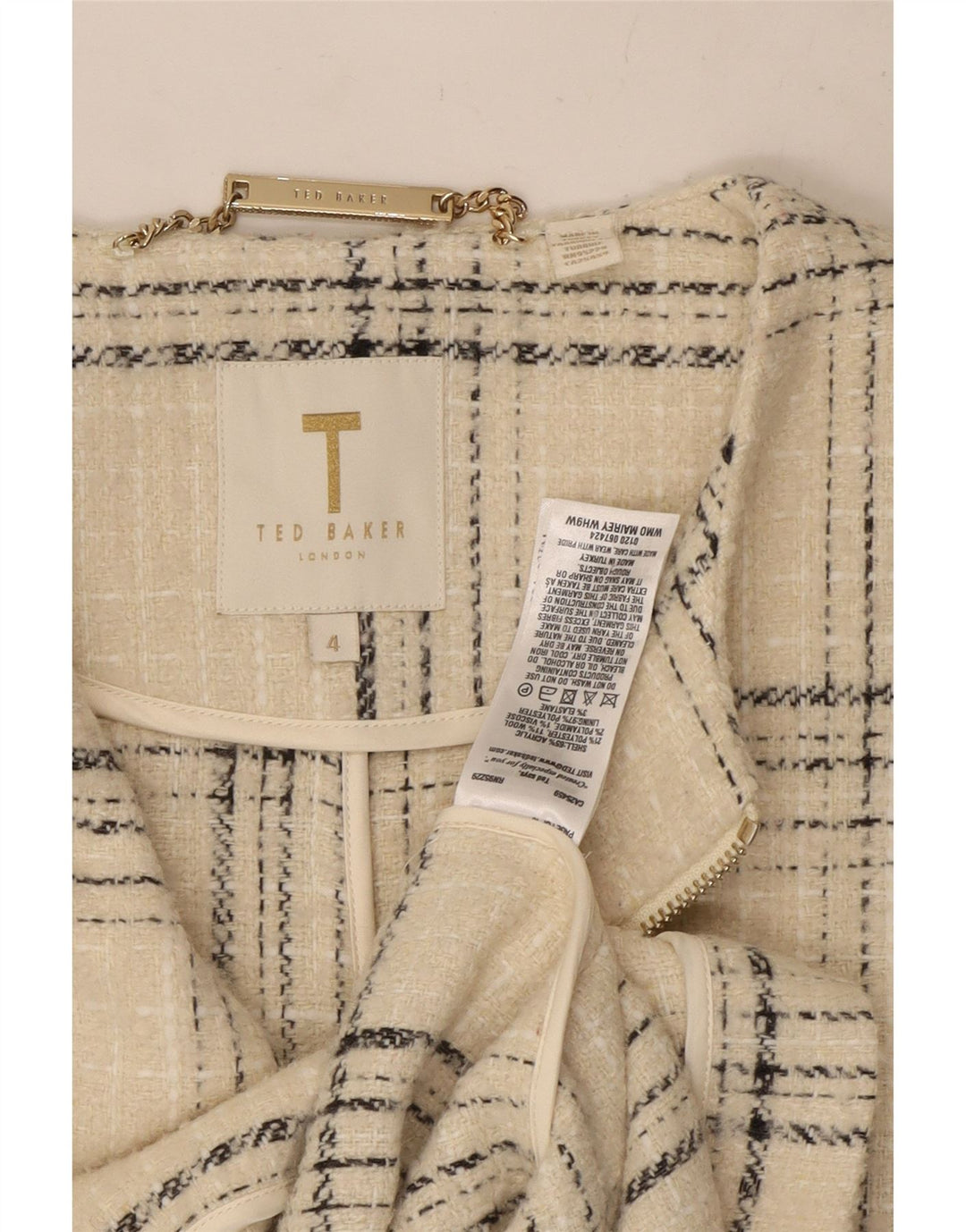 Płaszcz damski Ted Baker, rozmiar 4, duży, akryl w złamaną białą kratę