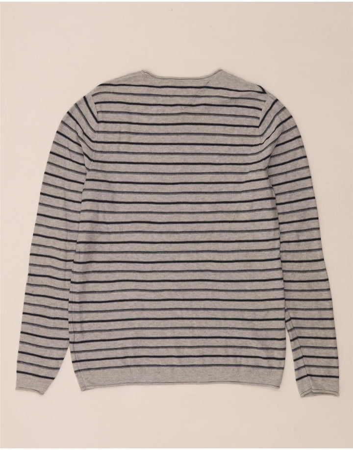 TOMMY HILFIGER Męski sweter z okrągłym dekoltem, bawełniany w średnie szare paski