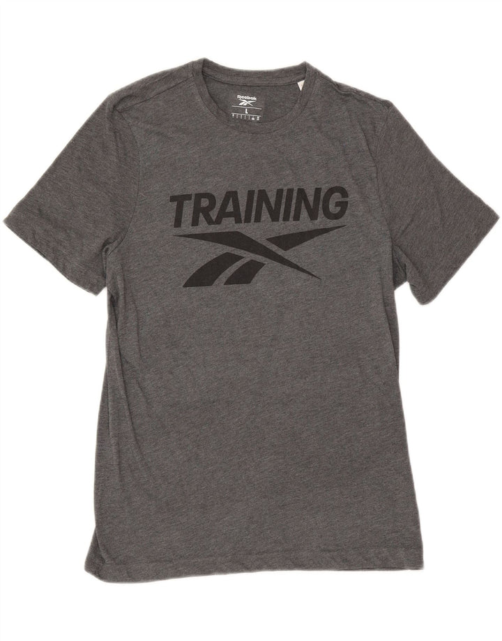 Męski T-shirt Reebok o regularnym kroju z grafiką, duży, szary, nakrapiany poliester