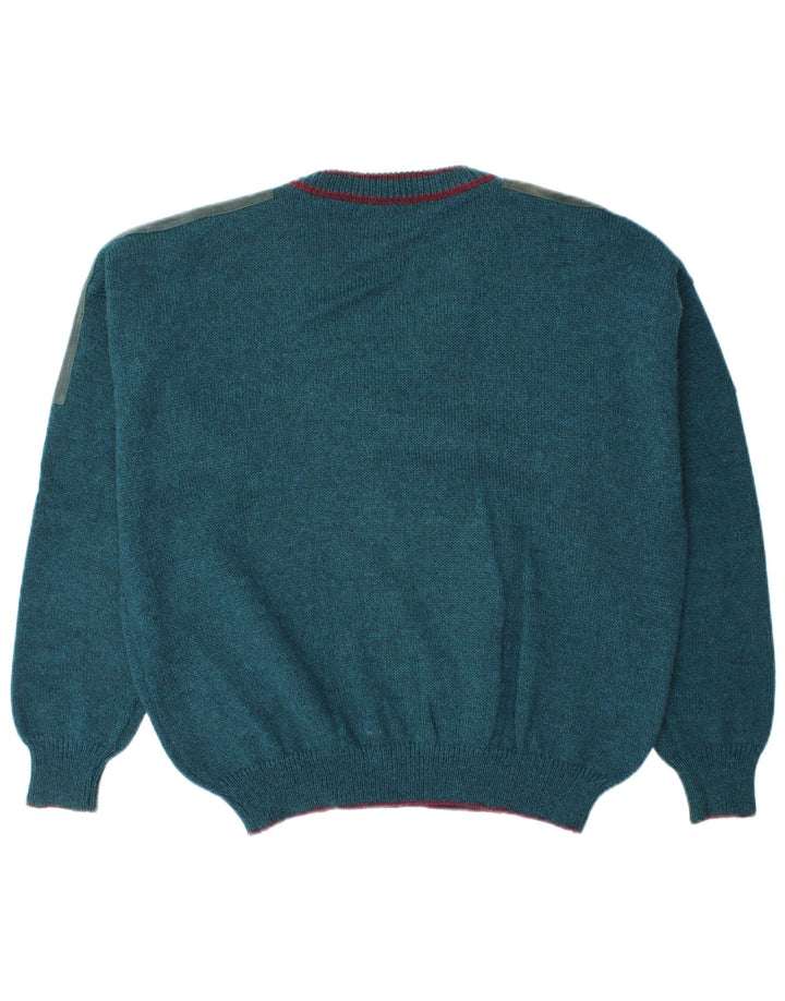 Vintage męski sweter z dekoltem w kształcie litery V, duży, niebieski, wełniany blok kolorów