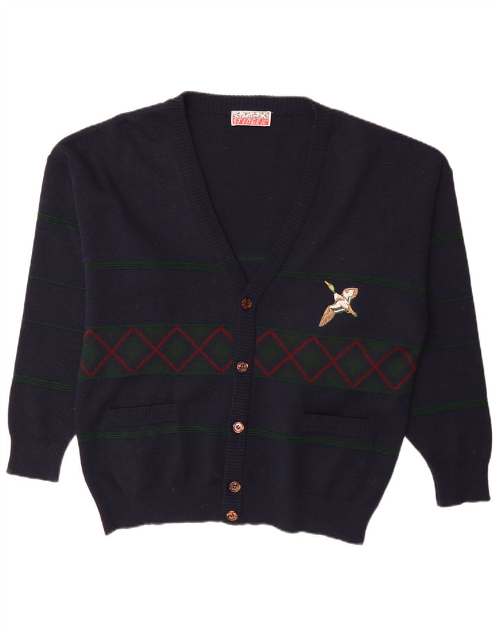 Vintage męski sweter rozpinany XL granatowy Argyle/diament