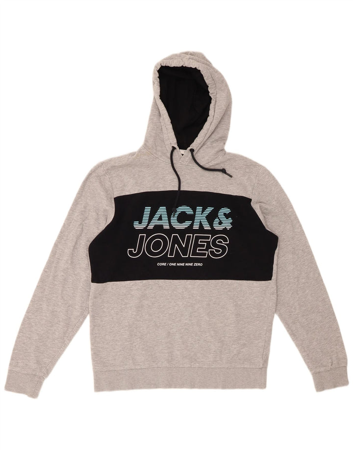 Męski sweter z kapturem Jack & Jones z grafiką, duży, szary, z blokami kolorów