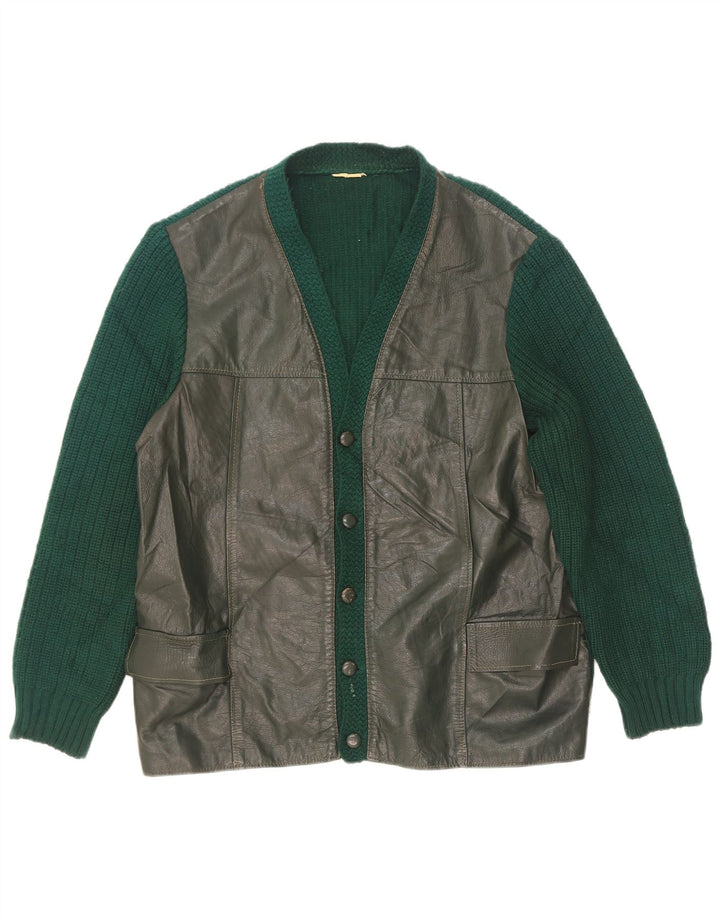 Vintage męski skórzany sweter rozpinany EU 50 średni zielony