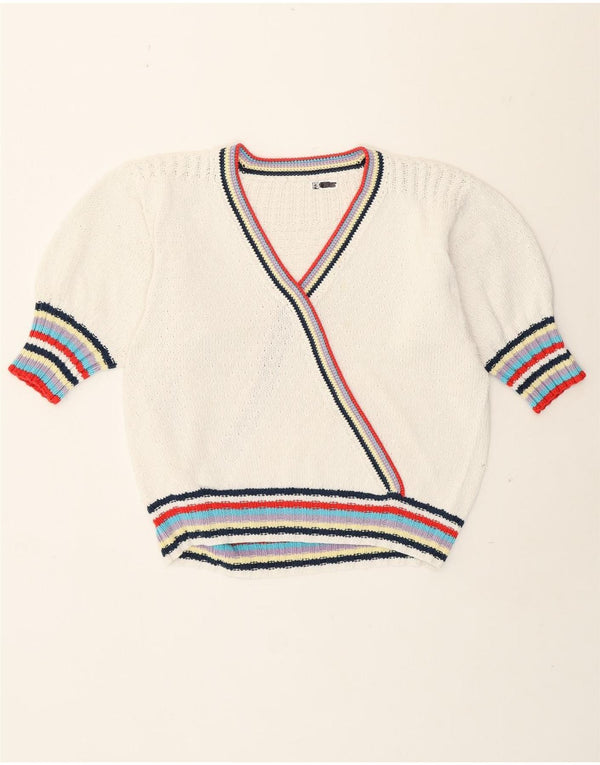 Sweter damski w stylu vintage z dekoltem w szpic, UK 14, w duże białe paski, retro