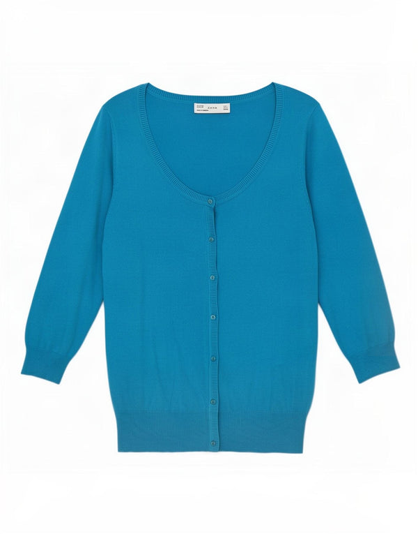 Damski sweter rozpinany z rękawem 3/4 Zara UK 14, duży, niebieski, bawełniany